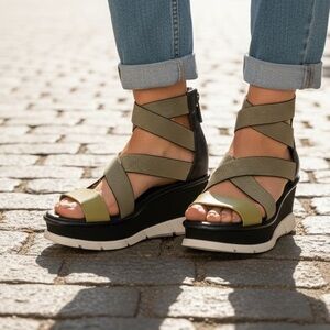 New Sorel Joanie III Sport Strap Wedge Sandals Olive Shade Black 6.5